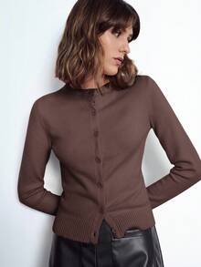 Maija 女士纯色修身针织开衫，适合城市通勤、商务休闲、办公室穿着，适合派对和聚会，秋冬季优雅穿着 - 棕色 - 查看 4