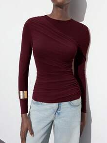 Maija Women's Asymmetric Design Metal Decor Versatile Crew Neck Long Sleeve Top, Suitable For Spring/Summer, Modern Urban Style, Office Wear, Business Casual, Party, Date, Elegant Solid Color Tops Womens Long Sleeve Tops - Burgundy - View 6