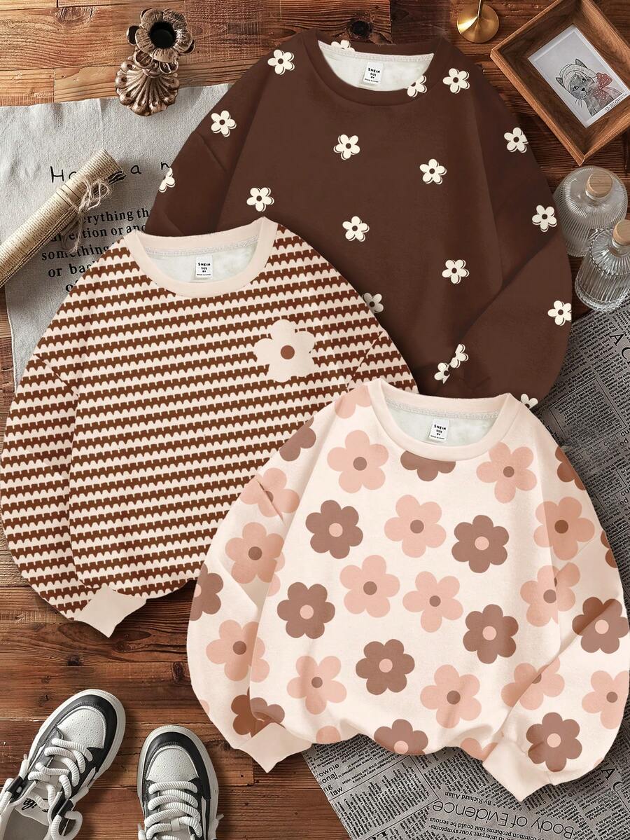 SHEIN Leap Crew Tween女孩 3件組休閒上衣,花卉、棕色條紋、米色,厚實柔軟可愛,開學季秋季服飾,寬鬆版型長袖冬季上衣 - 彩色 - 查看 1