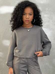 Coolane Kids 青少年女孩 2 件套 青少年女孩休闲复古短款圆领运动衫和纯色慢跑裤运动服套装 - 灰色 - 查看 5