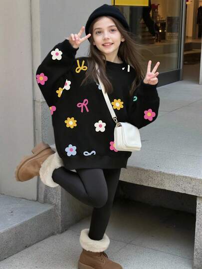 两件套女童碎花圆领长袖卫衣和打底裤套装，适合秋冬季节穿着，蝴蝶结碎花图案卫衣，适合女孩运动穿着的碎花连帽衫套装