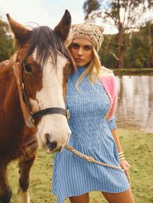 Aralina Women's Stand Collar Raglan Mid-Sleeve Casual Pleated Mini Dress - Blue - View 10