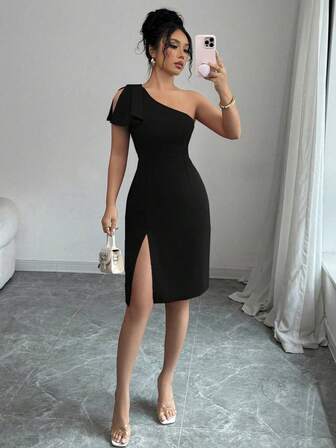 Rafferiza 女式纯色不对称领口修身开衩中长连衣裙