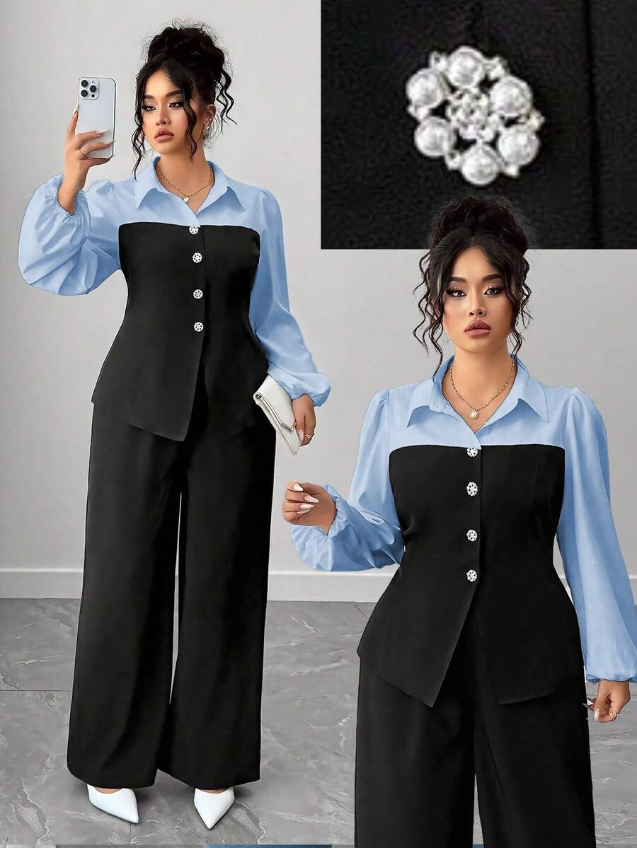 Elenzga 古怪优雅系列（忧郁气质）（周三美学）黑白拼接复古美学两件套优雅服饰 - 淺藍色 - 查看 1