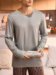 Manfinity Underwear&Sleepwear Basics Conjunto de ropa de estar en casa con top de cuello redondo de unicolor de manga larga y pantalones largos con estampado total, ropa de invierno para hombre