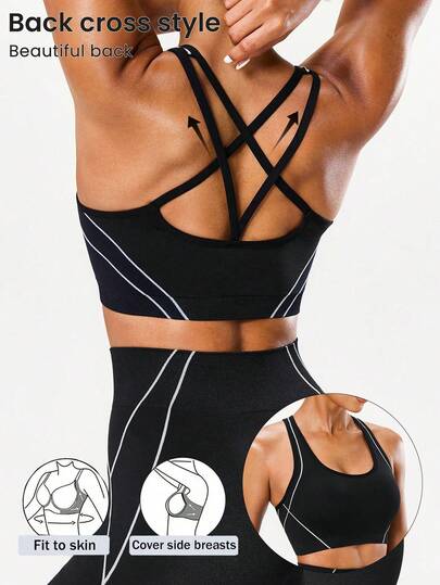 Seamluxe SHEIN Sport Women's Seamless Black Sports Bra With White Line Decor, Suitable For Fitness, Yoga, Daily Wear Strappy Sports Bra Workout Top With Bra Sexy Workout Set Gym Tops For Women Criss Cross Criss Cross Sports Bra