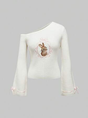 Kawaii Maglione sexy con spalle scoperte, fiocco e ricamo a coniglio