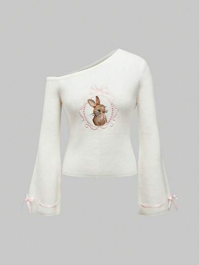 Kawaii Suéter sexy con hombros descubiertos, lazo y bordado de conejo