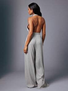 Hauture Women's Sexy Casual Extreme Wide Leg Halter Neck Sleeveless Backless Jumpsuit - Grey - View 2