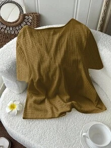 SHEIN LUNE Áo thun tay ngắn buộc nơ phía trước màu trơn cỡ lớn dành cho nữ - Vàng - Xem 2