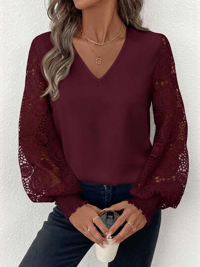 SHEIN Clasi Winter And Fall Elegant Women's White V-Neck Long Sleeve Splicing Hollow Lace Sleeve Hollow Out Blouse,Fall,Fall Clothes For Women,Women's Winter Clothes,Red Tops For Women