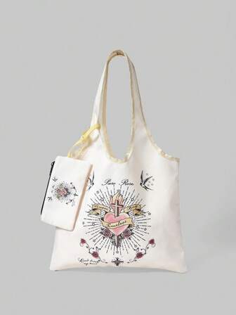 Grunge Punk 1pc Tote Bag With Coin Purse, Suitable For College Students/Shopping, Traveling