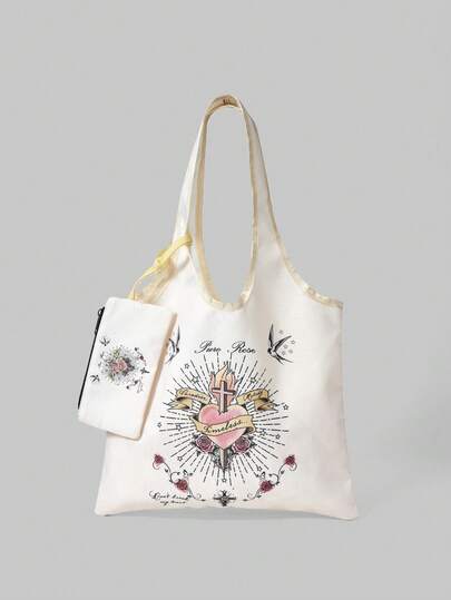 Grunge Punk 1pc Tote Bag With Coin Purse, Suitable For College Students/Shopping, Traveling