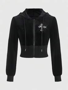 ROMWE Goth Baddie Casual Y2K Rhinestone Cross Front Zipper Hoodie & Flare Pants Set With Tie Bowknot & Velvet Fabric, Stretchy Knitted In Solid Black, Women