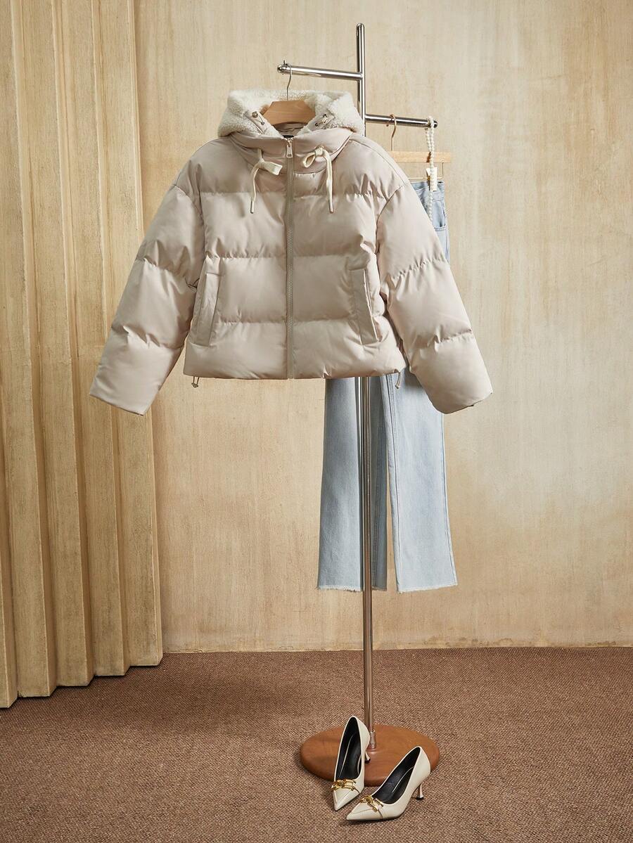 Anewsta Thick H-Shaped Mid-Length Faux Fur Collar Loose Women Jacket With Side Pockets - Beige - View 1