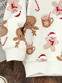 SHEIN Baby Boy Beige Autumn Funny Graphic Birthday Christmas Pullover Sweatshirt,Gingerbread Man&Christmas Tree Pattern,Loose Fit Cozy Knit Soft Crew Neck - Multicolor - View 6