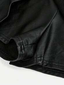 Tween Girls Asymmetric Black PU Skirt Shorts, Fashionable Versatile Casual Wear For Outings And Holidays - Black - View 4