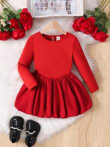SHEIN Váy len cổ tròn chắp vá họa tiết đèn lồng cho bé gái, váy dài tay thanh lịch có quần short bên trong, phù hợp cho mùa thu đông, màu đỏ cho Giáng sinh, trang phục dự tiệc, trang phục hàng ngày đến trường, váy sinh nhật, váy công chúa, trang phục phù hợp cho mẹ và con gái và chị em gái - Đỏ - Xem 4