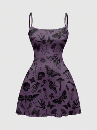 Goth Vestido mini con estampado floral y de calavera, misterioso y sexy