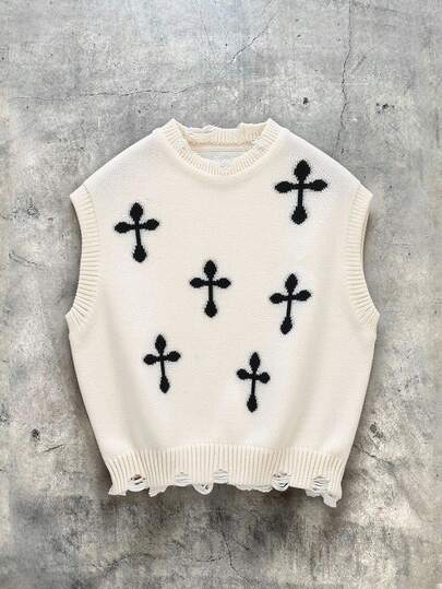 Manfinity EMRG Herren Grafik Muster Rundhals Lässig Strickpullunder, Herbst/Winter