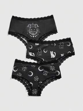 Women's Gothic Dark Moon & Star Black Cat Lace Panty Set