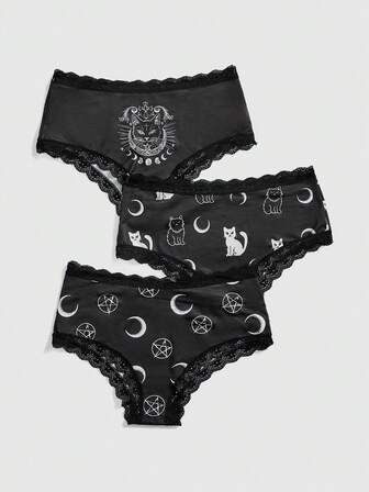 Goth Set di biancheria intima gotica da donna con luna scura, stelle e gatto nero in pizzo