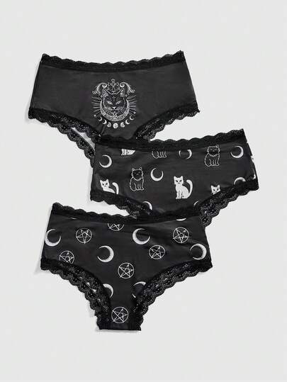 Ensemble de culotte gothique pour femmes avec lune sombre, étoiles et chat noir