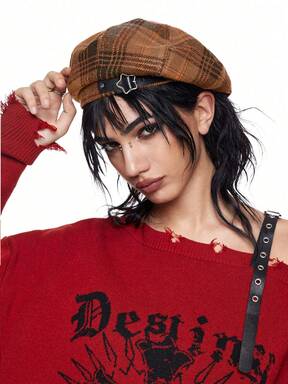 Grunge Punk 1pc Women's Fashion Plaid Five-Pointed Star Beret
