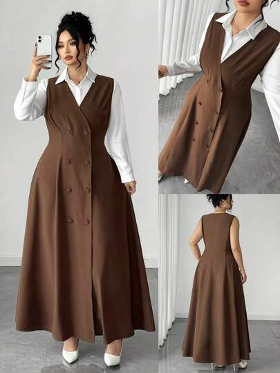 Elenzga 大码女式复古硬币设计纽扣装饰长裙，适合返校、毕业、情人节、音乐节、母亲节、万圣节、感恩节、复活节、国庆节、舞会、约会派对、婚礼季、户外旅行