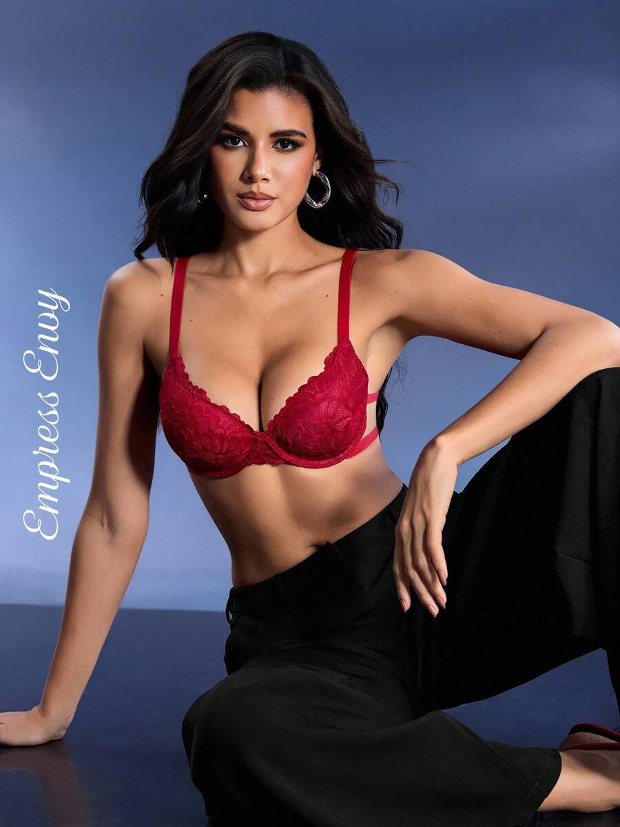 Women's Fashionable Floral Lace Underwire Lingerie Bra - Red - View 1
