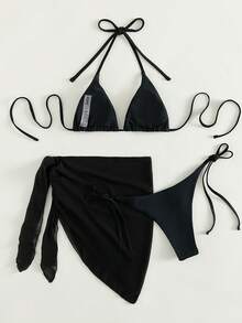 Oceva Summer Beach Solid Bikini Set Triangle Bra & Thong Bottom & Beach Skirt 3 Piece Bathing Suit Beach Outfits - Black - View 2