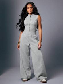 Hauture Women's Sexy Casual Zip Through Sleeveless Heather Gray Sweatshirt Jumpsuit - Grey - View 6