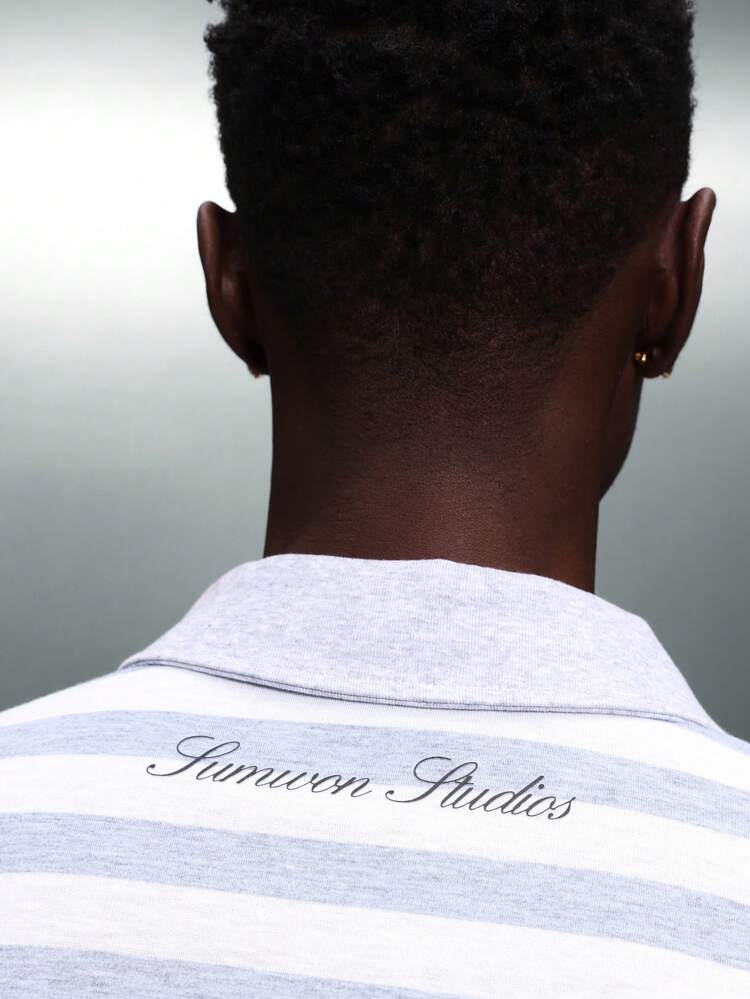 PLAYBOY X SUMWON Camisa Polo de Manga Longa Listrada com Ajuste Regular e Gola Esportiva Texturizada para Uso Casual nos Finais de Semana