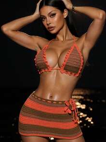 Swim SXY Ensemble de 2 pièces couvre-tout femme ras-du-cou BOHO Crazy dégradé Rouge Floral - Multicolore - Voir 3