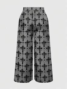 ROMWE Spring/SummergraphicGothic Cross & Vine Print Mysterious Horror Palace Style Plus Size Wide Leg Pants - Grey - View 2