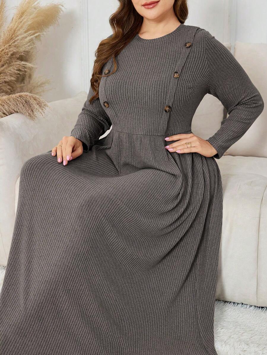 Lacomfia 大码女式休闲针织羊毛连衣裙 - 深灰色 - 查看 1