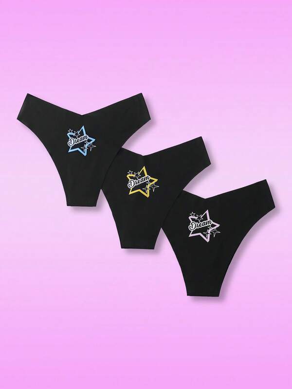 NotGurli 3pcs/Pack Black Seamless V-Shape Star Print Adhesive Panties