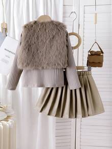 3件套：棕色毛茸茸蝴蝶结背心、同款吊带背心和PU褶裙 - 咖啡棕 - 查看 2