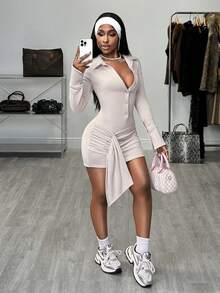 BamGleam Women's Casual Solid Color Pleated Mini Dress - Grey - View 7