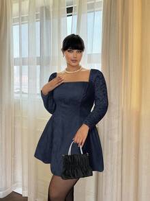 Lyrianda Plus Size Women Square Neck Contrast Lace Long Sleeve Elegant Tie Back Autumn/Winter Dress Plus Size Dress Lantern Sleeve Dress Petite Curve Dress French Style Dress Puffy Sleeve Dress Plus Size Milkmaid Dress - Navy Blue - View 5