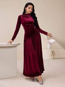 Veilorie Women's Solid Color Pleated Collar Long Sleeve Dress