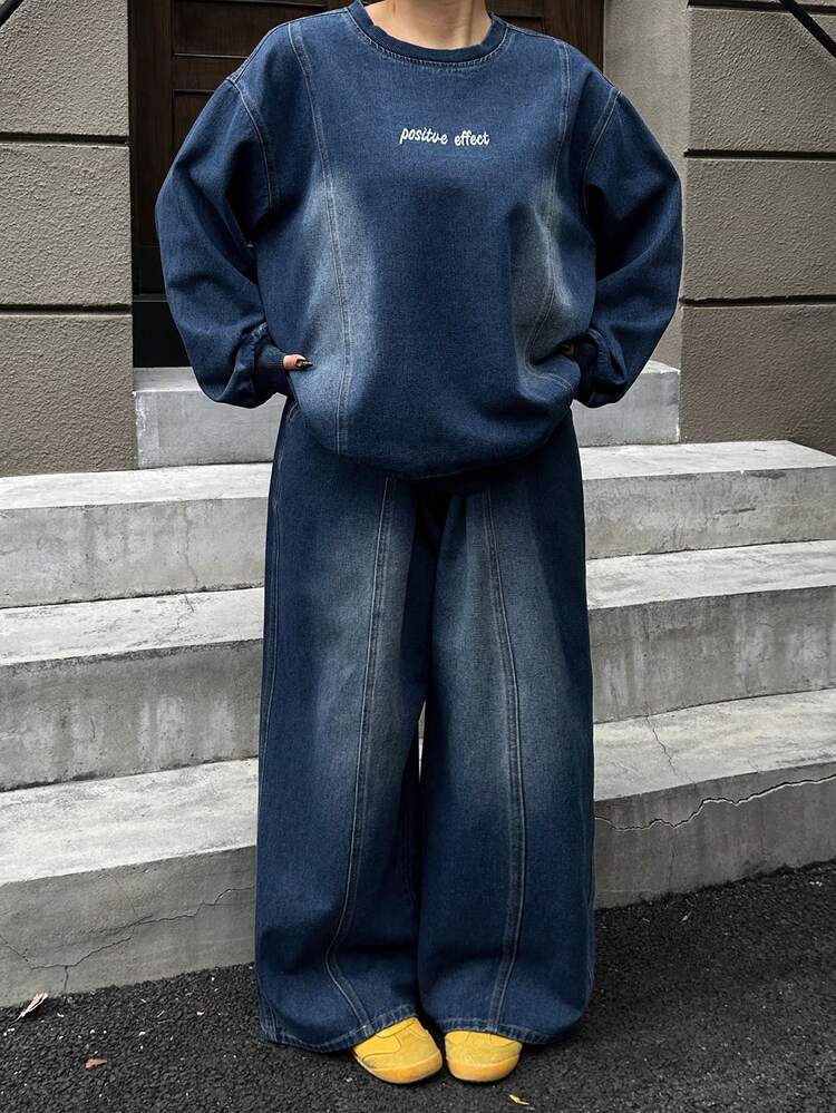 Dazy Plus 2pcs Washed Blue Letter Embroidery Loose Long Sleeve Top And Pants Plus Size Women Denim Set, Spring/Autumn