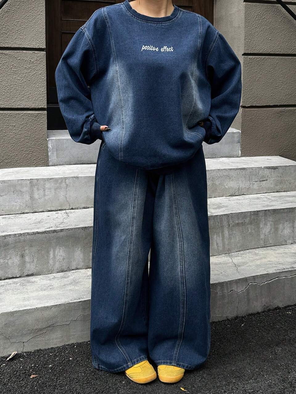 Dazy Plus 2pcs Washed Blue Letter Embroidery Loose Long Sleeve Top And Pants Plus Size Women Denim Set, Spring/Autumn