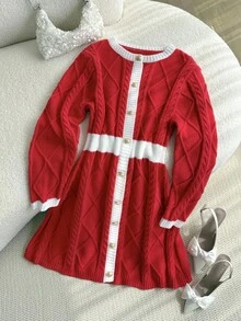 Firerie Vestido de Suéter de Manga Longa com Cintura Marcada Plus Size, Casual - Vermelho e Branco - Visão 3