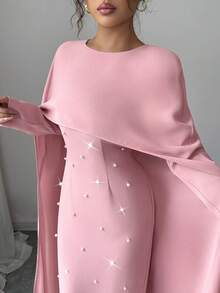 Elenzga Đầm dự tiệc Maxi dài tay dài cổ tròn đính ngọc trai trang trí hình ô dù thu/đông ôm sát eo, thanh lịch và đa năng cho nữ - Hồng - Xem 3