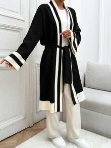 EURMUSE Woman Striped Waist Tie Long Warm Winter Cardigan - Black - View 3