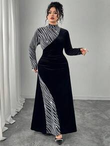 Modelyn 大码女式立领长袖天鹅绒拼接优雅派对连衣裙，秋冬 - 黑色 - 查看 6