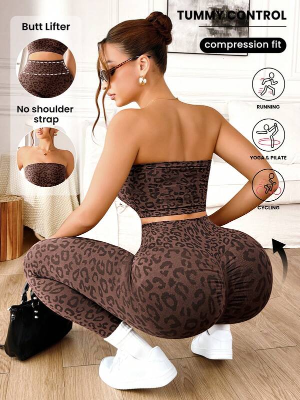 Slayoga Conjunto de sujetador deportivo sin costuras y mallas con estampado de leopardo marrón oscuro H1176