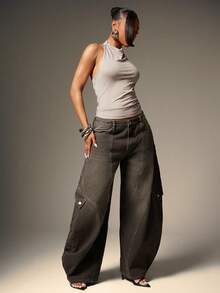 Denimoi Áo len cổ yếm đính đinh tán dành cho nữ, phong cách Y2K Millennial dễ mặc thường ngày - Xám - Xem 4