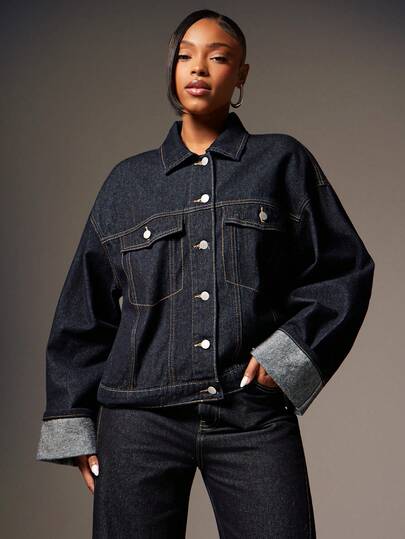 Denimoi Cuffed Arm Oversized Button Front Collared Denim Jacket Fall & Winter Fashion Denim On Denim
